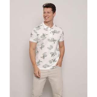 Polo Masculina Moletinho Manga Curta Estampado Floral Off White