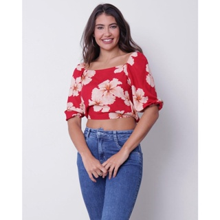 Blusa Cropped Feminina Ciganinha Floral Vermelha