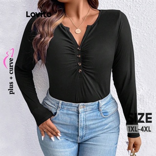 Lovito Camiseta Casual Feminina Com Botão Frontal Liso Plus Size LNE31250 (Preto)