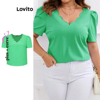 Lovito Blusa Casual com Babado no Pescoço e Tamanho Grande para Mulheres LBL06121 (Verde)