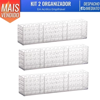 Kit 3 Cesto Caixa Organizadora Acrilico Empilhavel Armário Organização de Casa Lavanderia