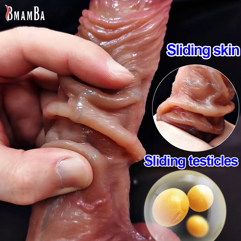 Super Testículos Deslizantes Realistas Dildo Masturbador Feminino Enorme Prepúcio Mover Big Dick Brinquedos Sexuais Adultos Estimulação Vaginal Anal