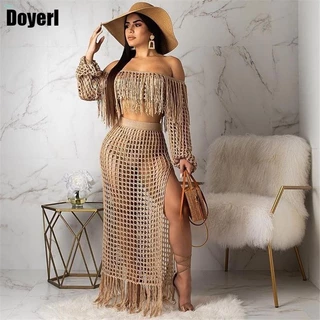 Fringed Tassel Summer Beach Dress Women Oferta Sexy Ombro Maxi Vestido De Manga Longa Boho Crochê De Tricotar Festa Vazia