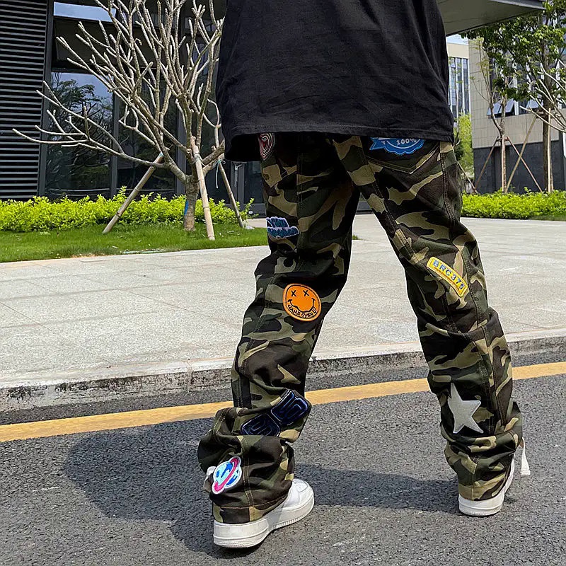 Calça Jeans Camuflada Masculina de Rua Alta, Calça Patch Bordada, Casual, Streetwear Hip Hop Americano, Marca de Moda