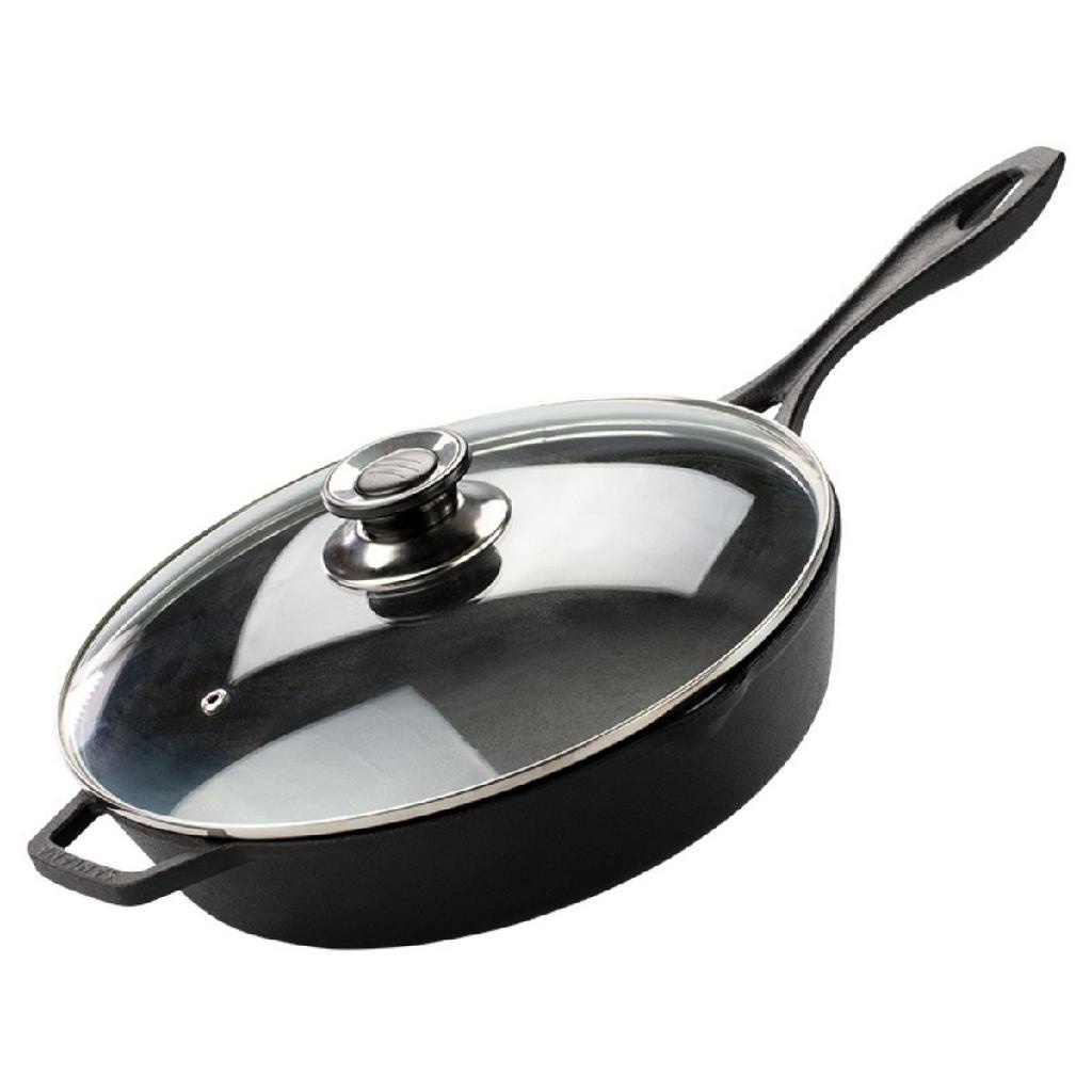 Frigideira De Ferro Fundido Com Tampa De Vidro 28 Cm Cabo de Ferro