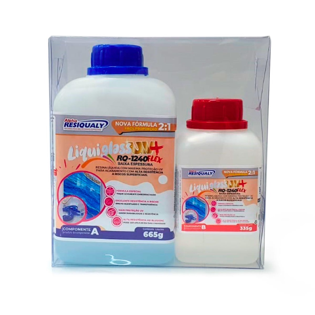Liquiglass UV+ Resina de Baixa Espessura FLEX RQ-1240 com 1,00 Kg - Nova Proporção 2:1