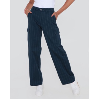Calça Sarja Feminina Reta Risca De Giz Azul Marinho