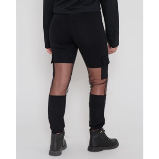 Calça Legging Juvenil Recortes Tule Cargo Preto