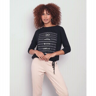 Blusa Feminina Estampada Manga 7/8 Preta