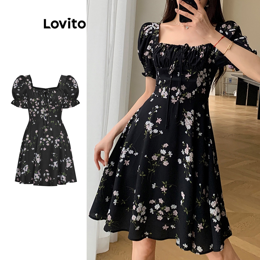 Lovito Vestido Casual Ditsy Floral Com Renda Para Mulheres L68ED190 (Preto)