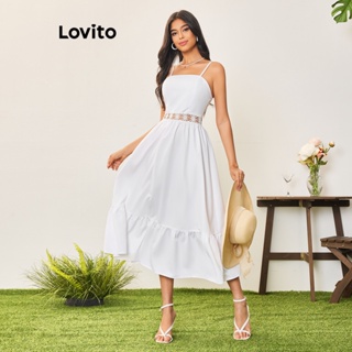 Lovito Casual Vestido Feminino Liso com Bainha de Babados Grandes LBA05106 (Branco)