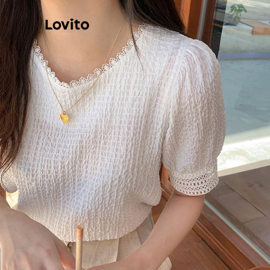 Lovito Blusa Feminina Casual De Manga Bufante Com Gola Lisa E Costura Em Tecido LNE24072 (Branco)