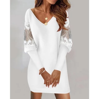 Elegante Vestido Branco Feminino Primavera Verão Nova Cor Sólida Renda Emenda Manga Comprida Mini Vermelho Sexy Preto Curto