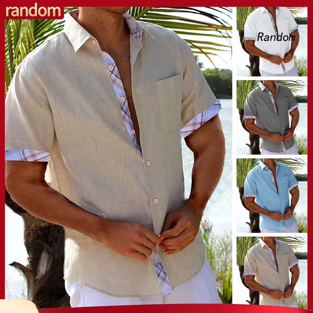 [RAN] Homens Camisa De Verão Contraste Cor Manga Curta Cardigan Botões ...