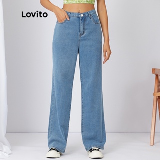 Lovito Calças Jeans Casual Liso Com Botão De Perna Larga L21EN061 (Azul)