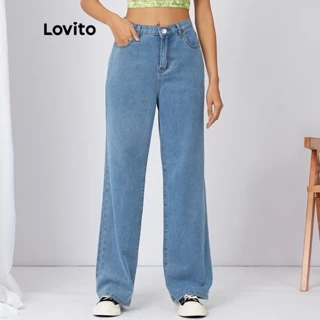 Lovito Calças Jeans Casual Liso Com Botão De Perna Larga L21EN061 (Azul)