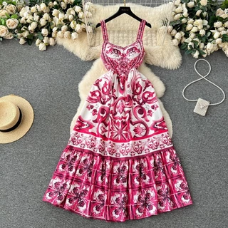 Moda Feminina Vintage Tempestade Étnica Estilo Boêmio Impressão Vestido Suspender De Verão Cintura Alta Slim Linha A Vestidos De Festa