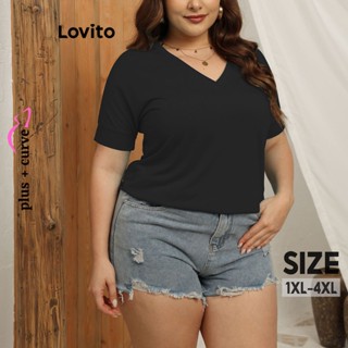Lovito Camisetas Femininas Casuais Lisas Com Decote Em V Plus Tamanho LNL39095 (Branco Preto)