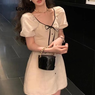 Lovito Vestido Feminino Casual Liso E Contrastante Com Amarração E Botões LNE41101