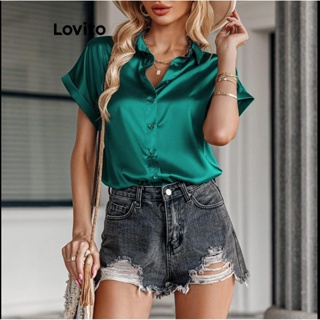 Lovito Blusa Casual De Tecido De Cetim Com Botão Liso Para Mulheres LNL42144
