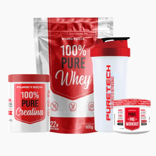 Kit 100% Pure Whey Refil 900g + Creatina 100% Pura 300g + Pré Treino 100g + Coqueteleira PURETECH em Oferta na Shopee