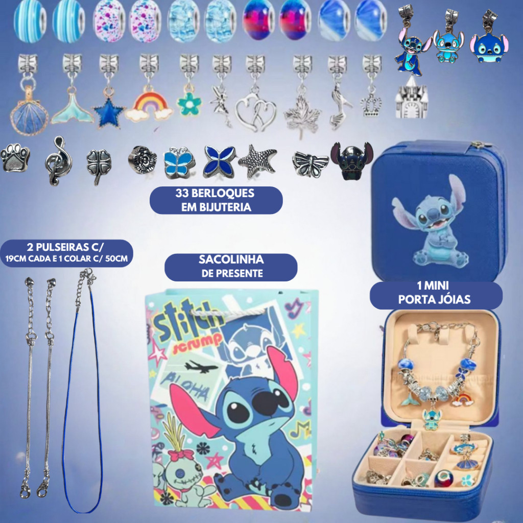Kit Stitch Infantil: 33 Berloques, 2 Pulseiras, Colar, Mini Porta Jóias ...