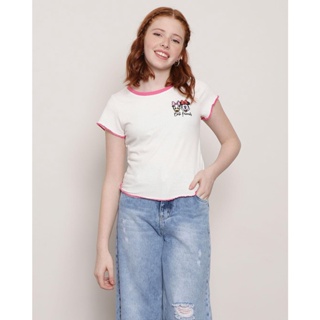 Blusa Juvenil Canelada Disney Bordado Minnie e Margarida Manga Curta Frufru Branca