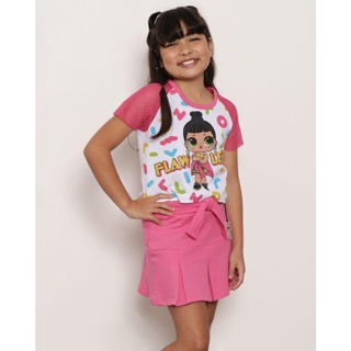 Blusa Infantil Cropped LOL Surprise Manga Curta Telada Branca