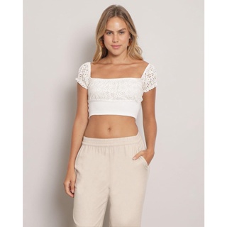 Blusa Feminina Cropped Laise Flores Off White
