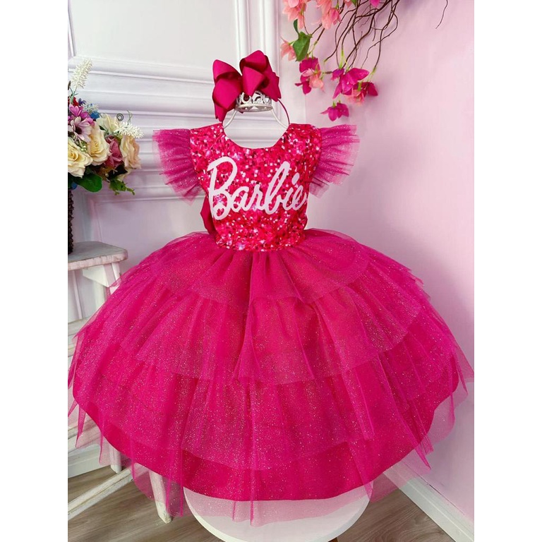 Vestido infantil Barbie temático luxo rosa a 10 anos festa