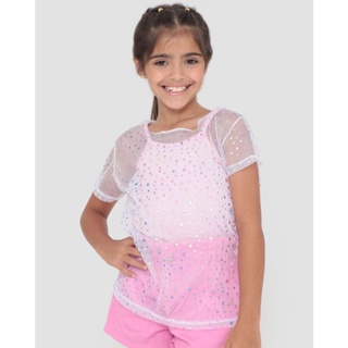 Blusa Infantil Com Tule Poá Rosa Claro
