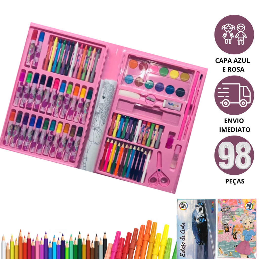 Estojo De Pintura Com 98 Peças Para Meninas Kit Escolar Rosa 98 Peças  Estojo Maleta Pintura Desenhar
