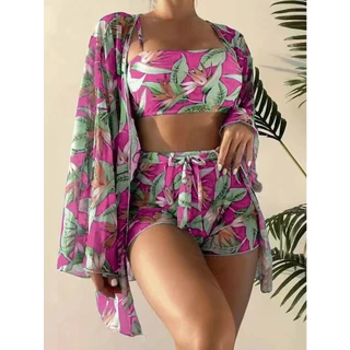 2024 Novo Estilo Europeu Americano Fato de banho feminino Split Bikini Conjunto de quatro peças Boxer de cintura alta de manga comprida