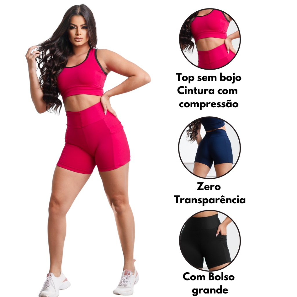 Conjunto Fitness Top + Short com Bolso porta celular Suplex Premium Roupa de academia