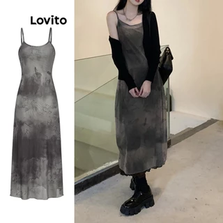 Lovito Vestido com Dupla Camada Tie Dye e Detalhes em Mesh em Contraste para Mulheres L55AD059 (Marrom Moca)