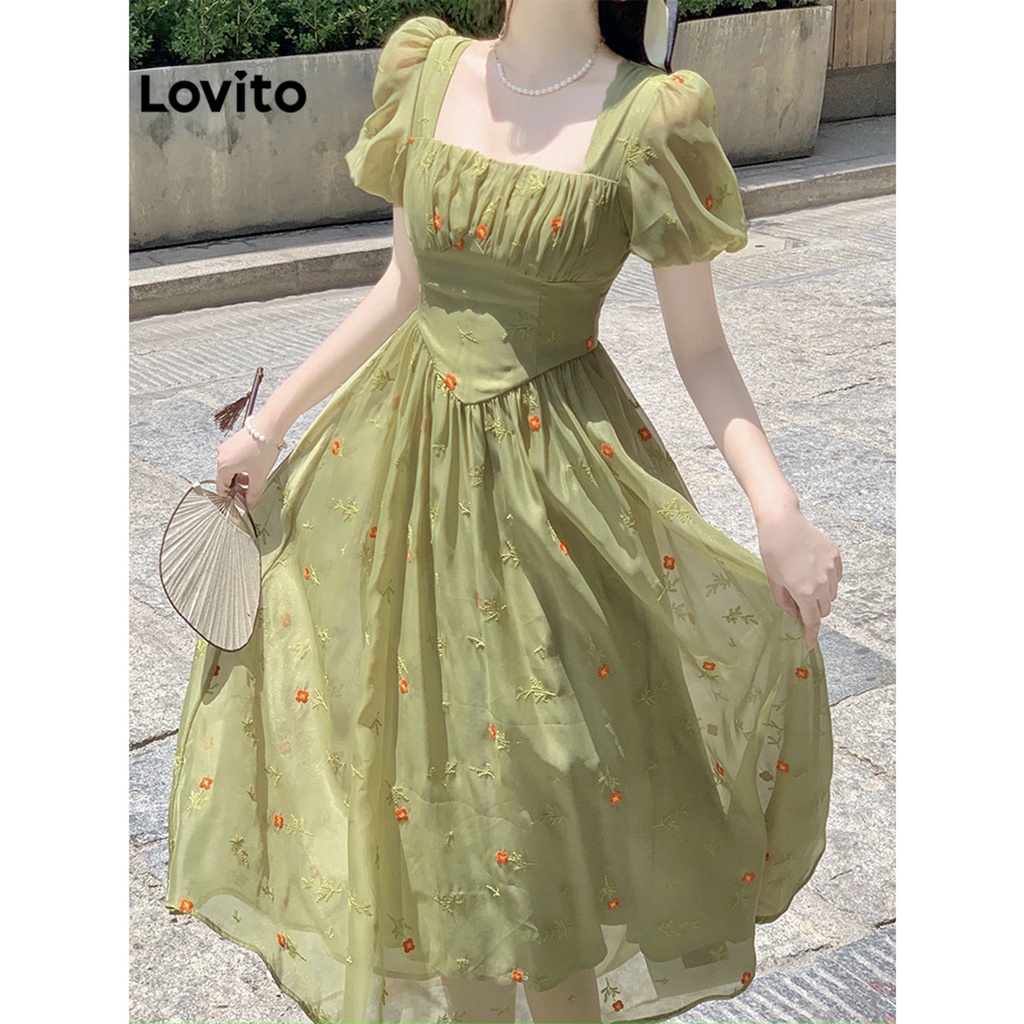 Lovito Vestido com Babados de Renda e Estampa Floral Boho para Mulheres LNE13097 (Verde)
