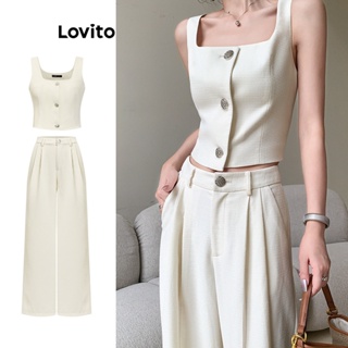 Lovito Conjunto Elegante De Calças Jacquard Com Botão Liso Frontal Para Mulheres L74ED160