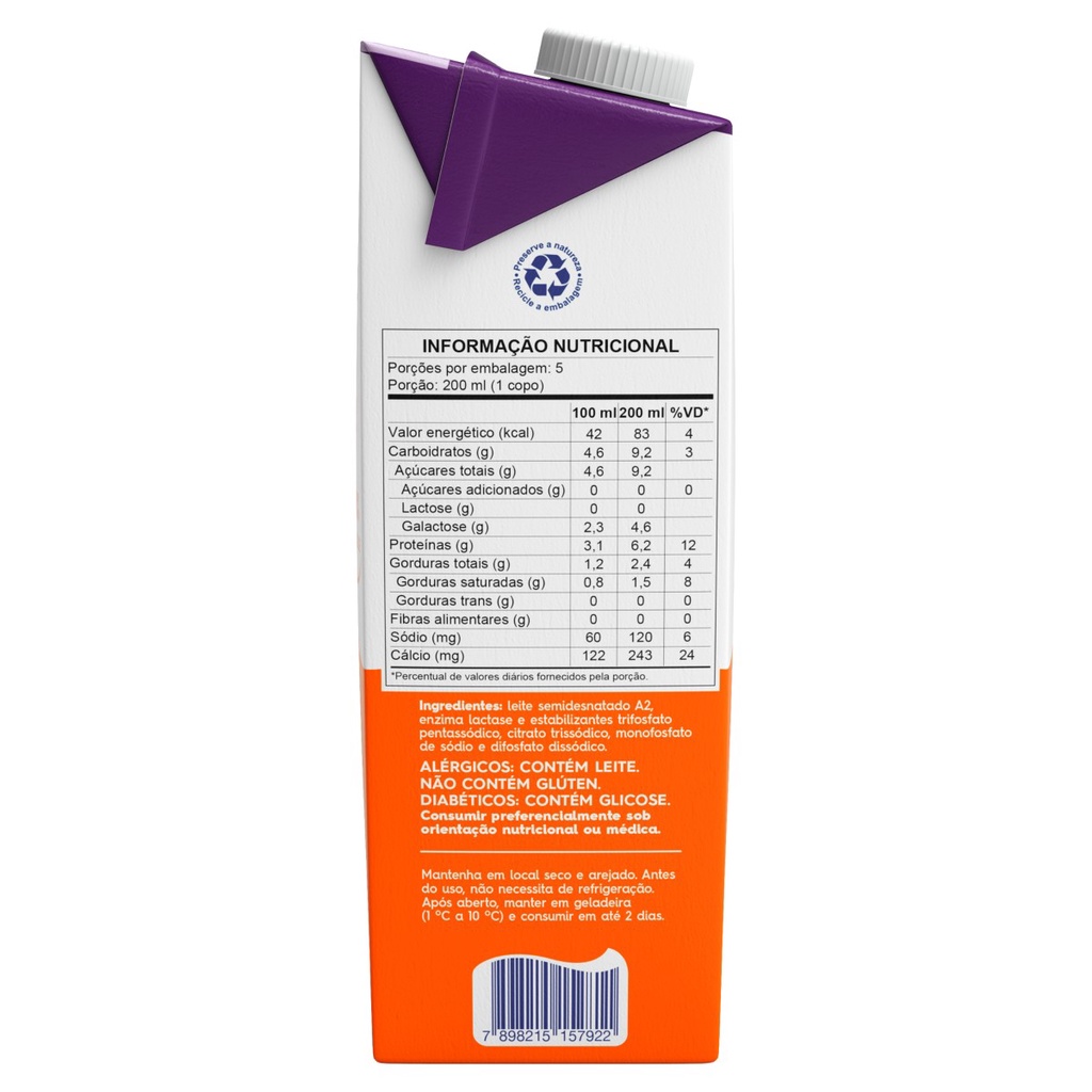 Leite UHT Semidesnatado Tipo A2 Zero Lactose 1L | Shopee Brasil
