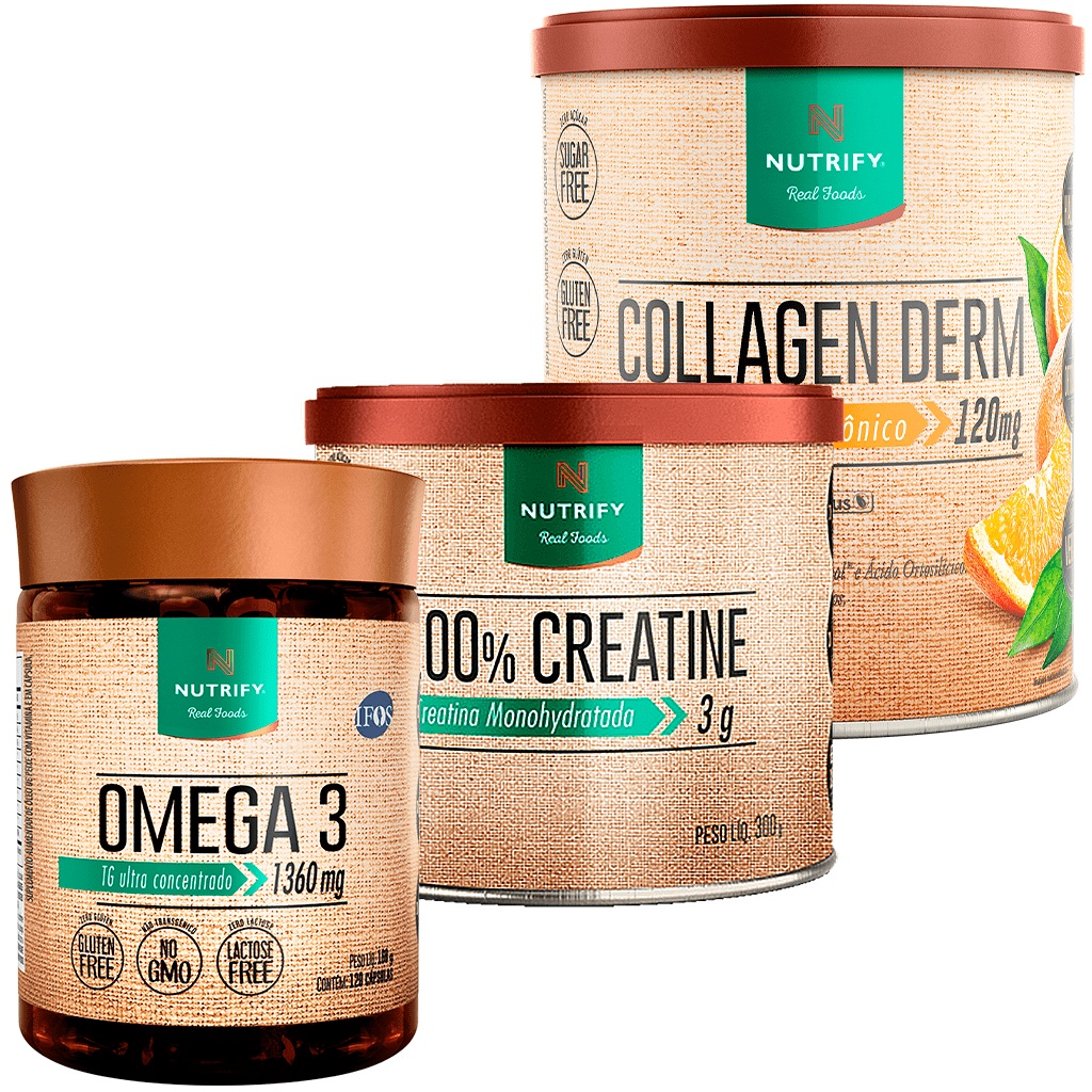 Kit 1 Lata 100% Creatine + 1 lata de Collagen Derm Laranja + 1 Pote de Ômega 3 120 cápsulas