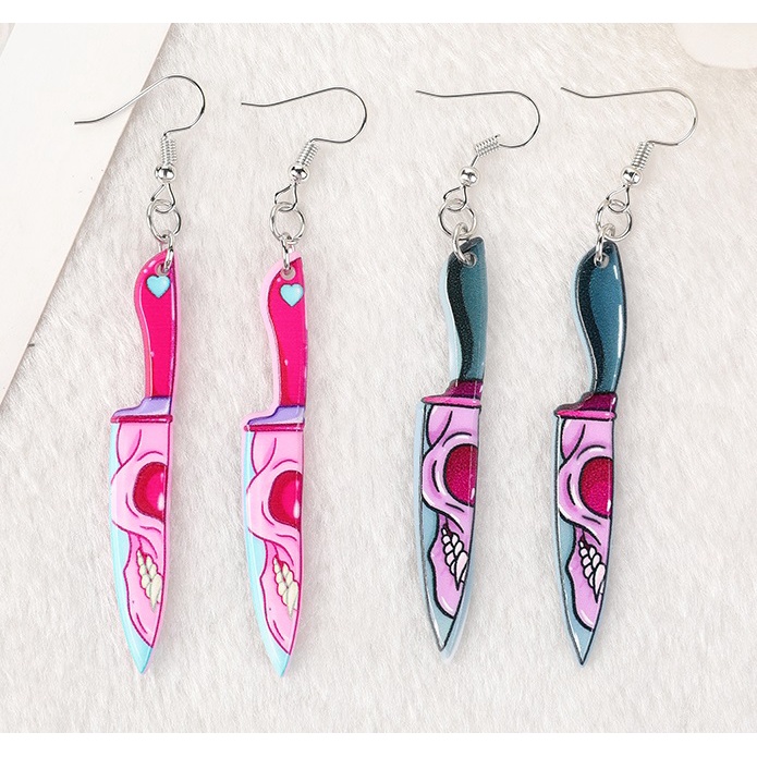 Par de Brinco Psicodélico Adaga Caveira Skull Pink ou Verde Musgo Rock Egirl Terror