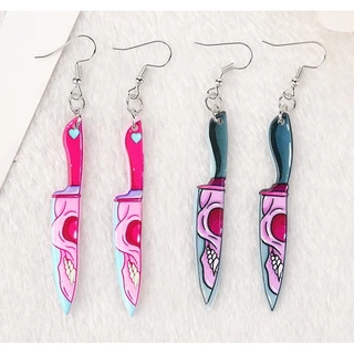 Par de Brinco Psicodélico Adaga Caveira Skull Pink ou Verde Musgo Rock Egirl Terror
