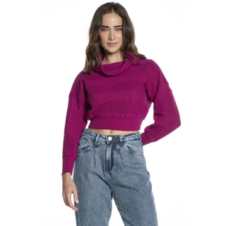 Suéter Curto Feminino Tricot Gola Alta Polo Wear Rosa Escuro