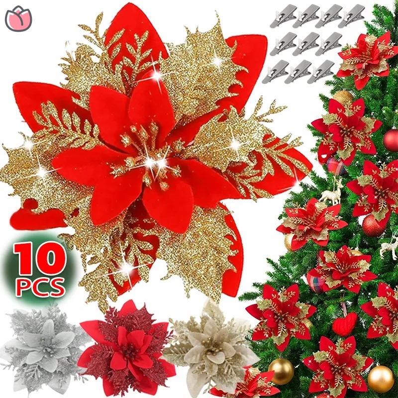 Pcs Flores Artificiais De Natal Glitter Flores Falsas Feliz Festao