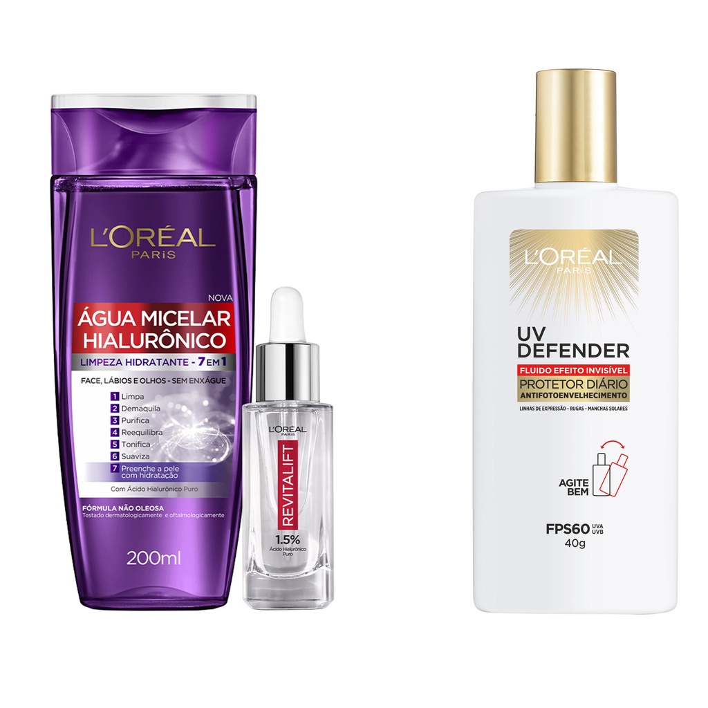 Kit L'Oréal Paris Hialurônico - Sérum + Água Micelar + Protetor Solar  Facial L'Oréal Paris UV Defender Fluido, 40g