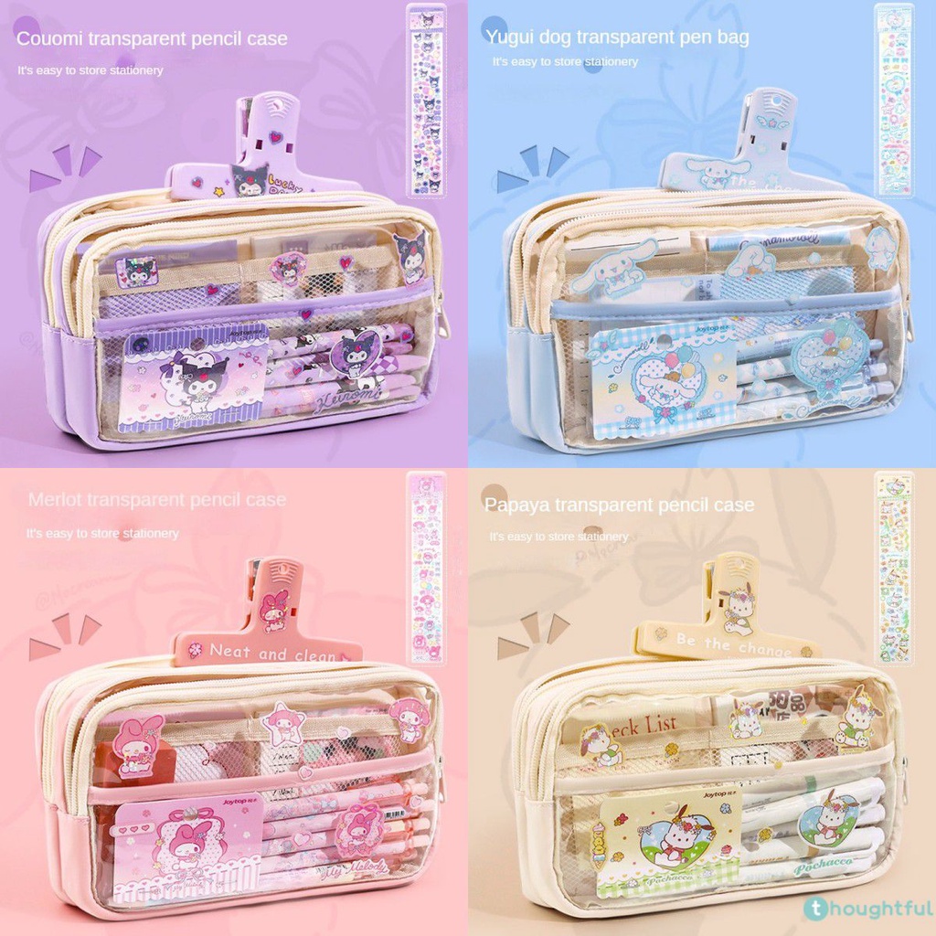 Estojo Atencioso Sanrio Estojo Transparente De Grande Capacidade Com Adesivo My Melody Kuromi Bolsa De Armazenamento De Papelaria à Prova D&#39;água Papelaria Escolar Presentes Inf