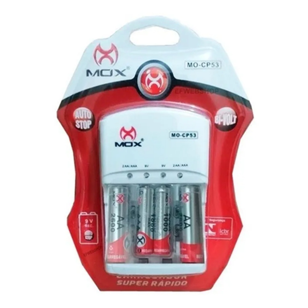 CARREGADOR DE BATERIA/PILHA MOX MO-CP53 C/ 2 PILHAS AA 2600MAH + 2 AAA 1000MAH