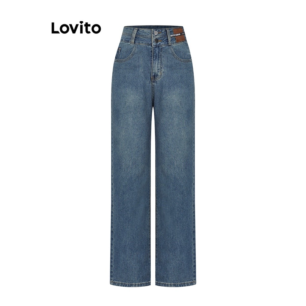 Lovito Calças de Jeans com Bolsos de Botão Duplo Bigodes de Gato para Mulheres L59ED014 (Azul)