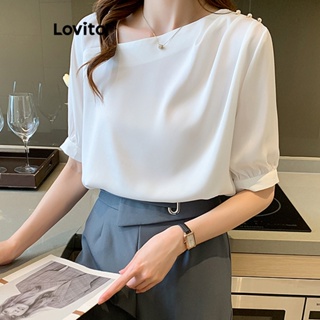 Lovito Elegante Blusa Feminina Lisa Assimétrica com Botão LNA29143 (Branco/Rosa)