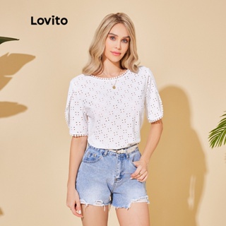 Lovito Blusa de Renda com Estampa de Poá para Mulheres LBL06028 (Branco)