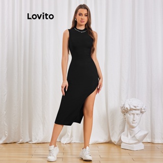 Lovito Vestido Casual Liso Dividido Para Mulheres LBL06094 (Preto)